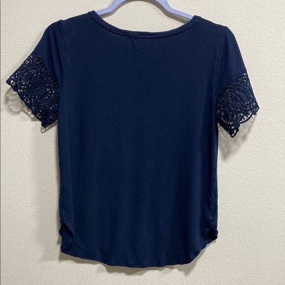 LOFT Navy Crochet Lace Yoke Short Sleeve Blouse XS Boho Feminine Top - Picture 4 of 12